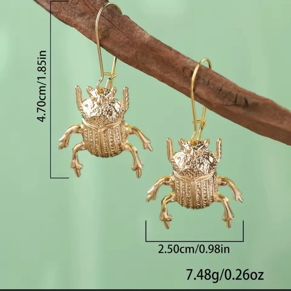 Gold Scarab Beetle Drop Earrings - Picture 2 of 5
